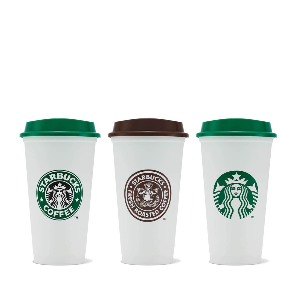 Starbucks Heritage Reusable Plastic Hot Cups w/Green and Brown Lids
